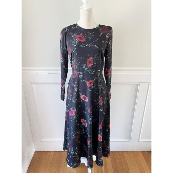 Hobbs Chloe Black Floral Print Long Sleeve Midi Dress Fully Lined Size 6 Excelle - Picture 3 of 8